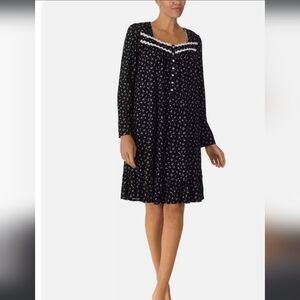 NWT Eileen West Long Sleeve Cotton Nightgown XS Black Floral Lace Trim Knee Lgth